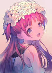 Rule 34 | 1girl, :d, bare shoulders, black sailor collar, blush, brown background, commentary request, dress, fang, flower, grey eyes, hair flower, hair ornament, highres, katou umi, leilin, long hair, looking at viewer, looking to the side, md5 mismatch, one side up, open mouth, pink hair, resolution mismatch, sailor collar, sailor dress, sleeveless, sleeveless dress, smile, solo, source smaller, summer pockets, upper body, white dress, white flower