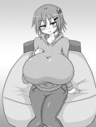 Rule 34 | 1girl, bed, blush, breasts, crossed legs, feet out of frame, female focus, gradient background, highres, huge breasts, indoors, looking at viewer, monochrome, monochrome background, on bed, short hair, sitting, smile, solo, steam, sweater, tera zilla