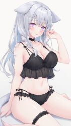 Rule 34 | 1girl, absurdres, animal ears, bare arms, bare shoulders, black bra, black choker, bra, braid, breasts, bridal garter, cat ears, cat girl, cat tail, choker, cleavage, floppy ears, frilled choker, frilled panties, frills, hand up, highres, large breasts, lingerie, long hair, looking at viewer, multi-strapped bra, multi-strapped panties, navel, original, panties, parted bangs, purple eyes, see-through, shano hiyori, side-tie panties, simple background, sitting, smile, solo, stomach, string bra, string panties, tail, thighs, underwear, underwear only, wariza, white background, white hair