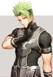 Rule 34 | 1boy, achilles (fate), armor, bad id, bad pixiv id, black gloves, black shirt, changye, closed mouth, earrings, fate/apocrypha, fate/grand order, fate (series), gloves, green hair, hand up, jewelry, looking at viewer, male focus, muscular, muscular male, orange eyes, shirt, short hair, smile, solo, spiked hair, undercut, upper body