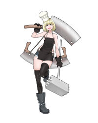 Rule 34 | &lt;o&gt; &lt;o&gt;, 1girl, absurdres, apron, asha, black apron, black eyes, black gloves, black thighhighs, blonde hair, blunt bangs, bob cut, boots, breasts, chef hat, cleavage, commentary request, fang, full body, gloves, grey footwear, grey shorts, hammer, hat, highres, holding, holding hammer, looking at viewer, meat tenderizer, medium bangs, open mouth, original, rubber boots, short hair, short shorts, shorts, simple background, small breasts, smile, solo, standing, standing on one leg, thighhighs, two-man saw, white background, white hat
