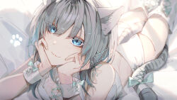 Rule 34 | 1girl, 9750isz, :3, absurdres, animal ear fluff, animal ears, aqua ribbon, ass, bed sheet, blue eyes, blue hair, cat ears, cat girl, cat tail, colored eyelashes, elbow rest, foreshortening, grey hair, hair between eyes, hands on own face, highres, lace-up legwear, lace-up top, light blush, looking at viewer, lying, multicolored hair, on bed, on stomach, original, paw print, ribbon, slit pupils, tail, tail ornament, tail ribbon, the pose, two-tone hair