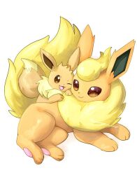 Rule 34 | blonde hair, brown eyes, closed mouth, creatures (company), eevee, evolutionary line, flareon, game freak, gen 1 pokemon, lying, nintendo, open mouth, pokemon, pokemon (creature), signature, smile, twitter username, watashiokindayo, white background