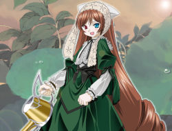 Rule 34 | 00s, 1girl, :d, blush, brown hair, center frills, collar, frilled collar, frilled shirt collar, frills, green eyes, grey hair, head scarf, heterochromia, holding, long hair, long sleeves, looking at viewer, open mouth, red eyes, rozen maiden, smile, solo, suiseiseki, umekichi, very long hair, watering can