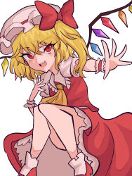 Rule 34 | 1girl, absurdres, blonde hair, blush, bow, collar, collared dress, crystal, cuffs, dress, eyelashes, fang, flandre scarlet, frilled dress, frills, hair ornament, hat, hat bow, highres, looking at viewer, mugi (mugimugi 9kv), necktie, open mouth, puffy sleeves, red bow, red dress, red eyes, shoes, short hair, short sleeves, simple background, slit pupils, socks, touhou, vampire, white background, wings