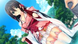 Rule 34 | 1girl, black hair, blush, breasts, cloud, dutch angle, forest, game cg, garter straps, green eyes, japanese clothes, legs, long hair, looking at viewer, male hand, miniskirt, mountain, nature, obi, outdoors, pleated skirt, pov, river, sash, sengoku koihime: otome kenran sengoku emaki, skirt, sky, small breasts, solo, standing, thighhighs, thighs, tree, wading, water, wet, wet clothes, white skirt, white thighhighs, wide sleeves