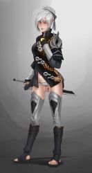 Rule 34 | 1girl, absurdres, blade &amp; soul, boots, cameltoe, fingerless gloves, full body, gloves, gradient background, hair ornament, hair ribbon, hand on hilt, hand on own chest, highres, league of legends, less, light smile, lips, looking at viewer, no pants, one eye closed, panties, ponytail, red eyes, ribbon, riven (league of legends), shoes, short hair, silver hair, simple background, solo, sword, thigh boots, thighhighs, toeless footwear, underwear, weapon
