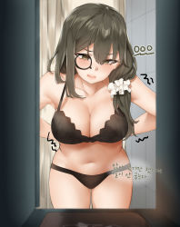 Rule 34 | 1girl, absurdres, ahoge, arms behind back, bababababan, bad id, bad pixiv id, bare arms, bare shoulders, black bra, black panties, blush, bra, breasts, brown eyes, collarbone, commentary request, girls&#039; frontline, hair ornament, hair scrunchie, helianthus (girls&#039; frontline), highres, large breasts, long hair, monocle, navel, open mouth, panties, scrunchie, solo, translation request, underwear, white scrunchie