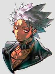 Rule 34 | 1boy, absurdres, black choker, chipp zanuff, choker, earrings, fishnets, grey background, grey hair, guilty gear, half-closed eyes, highres, jewelry, male focus, parted lips, red eyes, simple background, sketch, solo, spiked hair, upper body, yohane shimizu