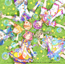 Rule 34 | 2girls, 3boys, ^ ^, arms at sides, arms behind head, bag, balloon print, bead bracelet, beads, blonde hair, bloomers, blouse, blue hair, bracelet, bubble, candy hair ornament, candy print, circle formation, closed eyes, confetti, crypton future media, dot nose, dress, earrings, feet out of frame, field, flower, flower field, food-themed hair ornament, from above, grass, grin, hair ornament, hair rings, hairclip, happy, highres, jewelry, kagamine len, kamishiro rui, kusanagi nene, light blue hair, light blush, light brown hair, light particles, low twintails, lying, multicolored hair, multiple boys, multiple girls, murakami yuichi, on back, on grass, on ground, ootori emu, piapro, pink hair, project sekai, purple eyes, purple hair, sega, shirt, short hair, smile, star (symbol), star print, streaked hair, stud earrings, tenma tsukasa, twintails, two side up, underwear, vocaloid, wonderlands x showtime len, yellow eyes, yellow flower