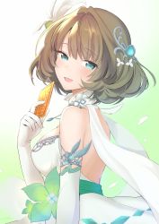 Rule 34 | 1girl, armlet, backless dress, backless outfit, breasts, brown hair, card, commentary request, dress, elbow gloves, emirio (emirio110), glint, gloves, green eyes, hair ornament, highres, idolmaster, idolmaster cinderella girls, jewelry, large breasts, looking at viewer, looking to the side, mole, mole under eye, necklace, short hair, solo, takagaki kaede, white dress, white gloves