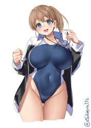 Rule 34 | 1girl, blue eyes, blue one-piece swimsuit, blush, breasts, clenched hand, collarbone, collared jacket, competition swimsuit, covered navel, cowboy shot, cropped legs, ebifurya, foreshortening, groin, hands up, highleg, highleg swimsuit, highres, holding, intrepid (kancolle), jacket, kantai collection, large breasts, long sleeves, looking at viewer, one-hour drawing challenge, one-piece swimsuit, open clothes, open jacket, open mouth, ponytail, simple background, smile, solo, swimsuit, thigh gap, thighs, twitter username, two-tone swimsuit, whistle, white background, wide hips, zipper