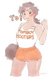 Rule 34 | 1girl, absurdres, blush, breasts, brown hair, chadolbaegi, cleavage, collarbone, english text, femboy hooters (meme), highres, holding, holding tray, hooters, large breasts, looking at viewer, meme, orange shorts, original, pantyhose, parted lips, short shorts, shorts, smile, solo, tan, tank top, teeth, thick thighs, thighs, tomboy, tray, upper teeth only