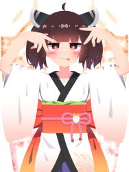 Rule 34 | 1girl, ahoge, arms up, blade, blunt bangs, blush stickers, bow, brown hair, closed mouth, commentary request, cowboy shot, gradient bow, headgear, highres, japanese clothes, jitome, kimono, kiritanpo (food), looking at viewer, miriota, obi, obijime, orange bow, oversized food, oversized object, pose imitation, purple skirt, red eyes, sash, short kimono, simple background, skirt, smile, solo, star-shaped pupils, star (symbol), symbol-shaped pupils, tongue, tongue out, touhoku kiritan, v, v-shaped eyebrows, voiceroid, w, waist bow, white background, white kimono, wide sleeves