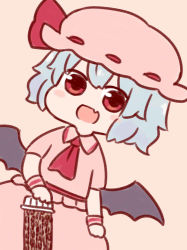 Rule 34 | 1girl, :d, ascot, batta (ijigen debris), blue hair, blush stickers, chibi, fang, food, hat, holding, looking at viewer, mob cap, nattou, open mouth, pink background, pink hat, pink shirt, pink skirt, red ascot, red eyes, remilia scarlet, shirt, short hair, short sleeves, simple background, skirt, smile, solo, touhou, wings, wristband