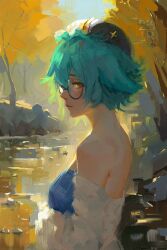 Rule 34 | 1girl, absurdres, animal ears, artist name, bare shoulders, beret, blush, breasts, canvas (medium), commentary, english commentary, faux traditional media, forest, fox ears, genshin impact, glasses, green hair, hair between eyes, hair flaps, hat, highres, impasto, looking at viewer, medium breasts, nature, orange eyes, outdoors, painterly, ravine bells, river, riverbank, rock, scenery, semi-rimless eyewear, solo, sucrose (genshin impact), tree, under-rim eyewear, water