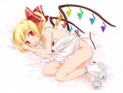 Rule 34 | 1girl, apron, bad id, bad pixiv id, blonde hair, female focus, flandre scarlet, gotyou, naked apron, ponytail, red eyes, short hair, side ponytail, slippers, solo, embodiment of scarlet devil, touhou, wings
