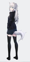 Rule 34 | 1girl, absurdres, animal ears, aqua eyes, black footwear, black jacket, black skirt, black thighhighs, closed mouth, hands in pockets, highres, jacket, long hair, looking at viewer, original, ponytail, shichi (ratorin53), shoes, skirt, solo, standing, tail, thighhighs, white background, white hair, white tail
