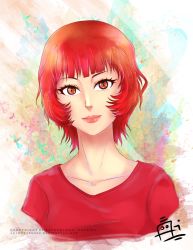 Rule 34 | 00s, 1girl, collarbone, eyelashes, lips, looking at viewer, paprika, paprika (character), ran-zu, red eyes, red hair, shirt, short hair, smile, solo, t-shirt, upper body