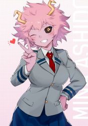 Rule 34 | 10s, 1girl, :d, ashido mina, black sclera, blazer, blue skirt, blush, boku no hero academia, breasts, buttons, character name, collared shirt, colored sclera, colored skin, cowboy shot, dress shirt, grin, hand on own hip, heart, horns, ishitsu kenzou, jacket, large breasts, long sleeves, looking at viewer, necktie, one eye closed, open mouth, pink hair, pleated skirt, pocket, purple skin, red necktie, school uniform, shirt, short hair, skirt, smile, solo, v, white shirt, wing collar, yellow eyes