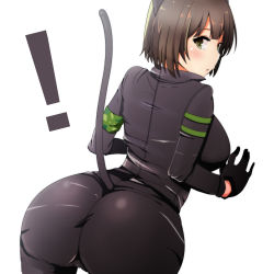 Rule 34 | !, 10s, 1girl, animal ears, ass, bodysuit, breasts, brown eyes, brown hair, cameltoe, cat ears, cat tail, catsuit, curvy, fake animal ears, from behind, gloves, huge ass, idolmaster, idolmaster cinderella girls, large breasts, looking at viewer, looking back, maekawa miku, ryuu., short hair, simple background, skin tight, solo, tail, white background, wide hips
