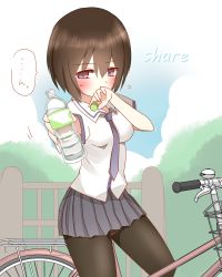 Rule 34 | ..., 1girl, bicycle, blue sky, blush, bottle, breasts, brown hair, brown pantyhose, cloud, cloudy sky, collared shirt, commentary request, covered mouth, day, dress shirt, fence, flying sweatdrops, grey skirt, hair between eyes, highres, holding, holding bottle, medium breasts, necktie, non (wednesday-classic), original, outdoors, outstretched arm, pantyhose, pleated skirt, purple eyes, purple necktie, shirt, short sleeves, sidelocks, sitting, skirt, sky, solo, spoken ellipsis, sweat, water bottle, white shirt