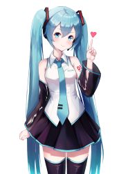Rule 34 | 1girl, absurdres, arm at side, bad id, bad pixiv id, bare shoulders, black skirt, black sleeves, black thighhighs, blue eyes, blue hair, blue necktie, blush, breasts, closed mouth, collared shirt, cowboy shot, detached sleeves, hatsune miku, headset, heart, highres, index finger raised, long hair, long sleeves, looking at viewer, miniskirt, necktie, number tattoo, pleated skirt, see-through, shirt, shoulder tattoo, skirt, small breasts, smile, solo, tattoo, thighhighs, tio (005), twintails, very long hair, vocaloid, white shirt, wing collar, zettai ryouiki