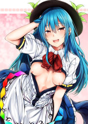 Rule 34 | 1girl, black hat, blue hair, blue skirt, breasts, breasts apart, breasts out, food, fruit, hair between eyes, hand on own head, hat, highres, hinanawi tenshi, long hair, looking at viewer, nipples, open clothes, open mouth, open shirt, peach, red eyes, ribbed shirt, shirt, short sleeves, skirt, small breasts, smile, solo, sweat, touhou, very long hair, yuhito (ablbex)