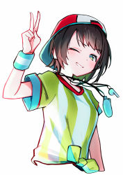 Rule 34 | 1girl, backwards hat, baseball cap, blouse, blush, brown hair, commentary, green eyes, green shirt, grin, hand up, hat, hololive, kagawa ichigo, looking at viewer, medium hair, one eye closed, oozora subaru, oozora subaru (1st costume), shirt, short sleeves, simple background, smile, solo, stopwatch, striped clothes, striped shirt, tied shirt, v, vertical-striped clothes, vertical-striped shirt, virtual youtuber, watch, whistle, whistle around neck, white background, wristband