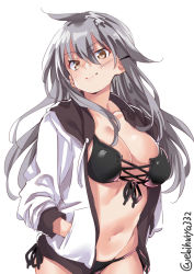 Rule 34 | 1girl, alternate costume, bikini, bikini under clothes, black bikini, blush, breasts, cleavage, closed mouth, commentary request, cross-laced bikini, cross-laced bikini top, cross-laced clothes, ebifurya, facial scar, front-tie bikini top, front-tie top, gangut (kancolle), grey hair, hair between eyes, hair ornament, hairclip, hands in pockets, highres, hood, hoodie, kantai collection, large breasts, long hair, looking at viewer, lowleg, lowleg bikini, navel, open clothes, open hoodie, scar, scar on cheek, scar on face, side-tie bikini bottom, simple background, smile, solo, standing, stomach, swimsuit, twitter username, white background, yellow eyes