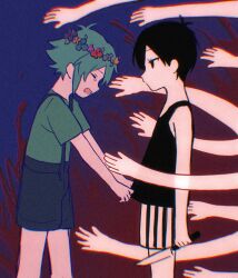 Rule 34 | 2boys, antenna hair, aqua hair, aqua shirt, arm at side, bare arms, basil (headspace) (omori), basil (omori), black eyes, black hair, black overalls, black shorts, black tank top, blue background, child, chromatic aberration, colored skin, facing another, film grain, from side, gradient background, hair behind ear, head wreath, highres, holding, holding knife, kitano yukiusagi, knife, looking at another, multiple boys, no mouth, no pupils, omori, omori (omori), open mouth, overall shorts, overalls, red background, shirt, shirt grab, short hair, short sleeves, shorts, striped clothes, striped shorts, tank top, tearing up, vertical-striped clothes, vertical-striped shorts, white shorts, white skin