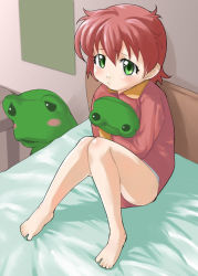 Rule 34 | 00s, 1girl, anita king, barefoot, bed, child, frog, green eyes, mizu, pink hair, r.o.d the tv, read or die, short hair, solo, stuffed animal, stuffed frog, stuffed toy