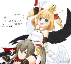 Rule 34 | :d, arm up, asymmetrical wings, bare shoulders, bike shorts, black shorts, black wings, blonde hair, blush, bow, breasts, brown hair, carrying, character request, commentary request, crown, dress, eighth note, feathered wings, gauntlets, grey eyes, hair between eyes, hair bow, long hair, marl (shironeko project), mini crown, mismatched wings, mitya, musical note, open mouth, red bow, shironeko project, short shorts, shorts, shoulder carry, simple background, small breasts, smile, tilted headwear, translation request, twitter username, two side up, white background, white dress, white wings, wings