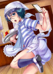 Rule 34 | 1boy, androgynous, apron, ascot, ass, bandana, black eyes, black hair, blue eyes, blush, carrying, child, food, head scarf, looking at viewer, looking back, male focus, open mouth, original, shirt, shoes, short hair, short shorts, shorts, socks, solo, striped clothes, striped shirt, tray, waiter, yk (waikeee)