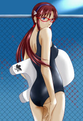 Rule 34 | 00s, 1girl, adjusting clothes, adjusting swimsuit, ass, blue eyes, brown hair, chain-link fence, dokkn, evangelion: 2.0 you can (not) advance, fence, glasses, highres, kickboard, looking back, makinami mari illustrious, neon genesis evangelion, nerv, one-piece swimsuit, rebuild of evangelion, school swimsuit, solo, swimsuit, twintails