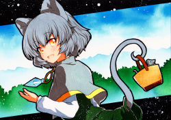Rule 34 | 1girl, :d, adapted costume, animal, animal ears, bad id, bad pixiv id, basket, blue background, capelet, crystal, from behind, green background, green skirt, green vest, grey capelet, grey hair, grey skirt, grey tail, grey vest, jewelry, long sleeves, looking at viewer, looking back, mouse (animal), mouse ears, mouse girl, mouse tail, nazrin, open mouth, outdoors, pendant, qqqrinkappp, ribbon-trimmed skirt, ribbon trim, shirt, short hair, skirt, skirt set, smile, solo, tail, touhou, traditional media, vest, white shirt