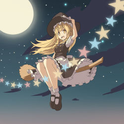 Rule 34 | 1girl, apron, arm up, bad id, bad pixiv id, blonde hair, bow, braid, broom, broom riding, full body, full moon, hair bow, hair ornament, hasu (pixiv13720981), hat, hat ribbon, kirisame marisa, long hair, looking at viewer, mary janes, moon, night, night sky, open mouth, puffy sleeves, ribbon, shirt, shoes, short sleeves, side braid, single braid, sitting, skirt, skirt set, sky, smile, socks, solo, star (sky), star (symbol), teeth, touhou, vest, waist apron, white socks, witch hat, yellow eyes