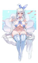 Rule 34 | 1girl, absurdres, blue choker, blue eyes, blush, breasts, choker, cleavage, collarbone, fish, full body, hair ornament, highres, large breasts, long hair, looking at viewer, mendou kusai, navel, original, parted lips, pearl thong, shell, shell bikini, sitting, smile, solo, striped clothes, striped thighhighs, thighhighs, thighs, two-tone legwear, white hair