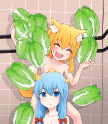 Rule 34 | 2girls, ahoge, animal ear fluff, animal ears, asymmetrical hair, blonde hair, blue eyes, blue hair, blush, bow, breasts, cabbage, censored, closed eyes, closed mouth, commentary request, completely nude, convenient censoring, cookie (touhou), expressionless, feet out of frame, fox ears, fox girl, fox tail, hair between eyes, hair bow, highres, looking at viewer, medium breasts, medium hair, miramikaru miran, miramikaru riran, mosaic censoring, multiple girls, nude, red bow, sidelocks, tail, too many, yan pai