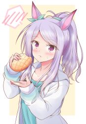 Rule 34 | 1girl, alternate costume, alternate hairstyle, animal ears, aqua bow, aqua shirt, blush, border, bow, bread, commentary request, ear bow, eating, food, food on face, grey hoodie, highres, holding, holding food, hood, hood down, hoodie, horse ears, horse girl, long hair, long sleeves, looking at viewer, mejiro mcqueen (umamusume), melon bread, open clothes, open hoodie, ponytail, purple eyes, purple hair, shirt, shizuna kaede, simple background, solo, umamusume, upper body, white border, yellow background