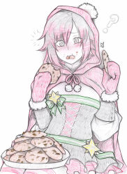 Rule 34 | 1girl, ?, blush, christmas, cloak, commentary, cookie, eating, english commentary, food, grey eyes, highres, holding, holding cookie, holding food, hood, hood up, looking at viewer, mittens, ruby rose, rwby, short hair, simple background, sketch, solo, tabletorgy, white background