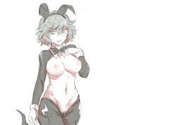 Rule 34 | 1girl, animal ears, blush, bow, bowtie, breasts, female pubic hair, ghost tail, green eyes, green hair, hair between eyes, highres, large breasts, leotard, meme attire, navel, neckwear request, nipples, playboy bunny, pubic hair, rabbit ears, reverse bunnysuit, reverse outfit, senmura, simple background, sleeve cuffs, soga no tojiko, solo, sweatdrop, touhou, white background