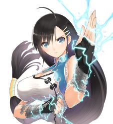 Rule 34 | 1girl, ahoge, black hair, blade arcus from shining, blue eyes, breasts, cleavage, clenched hand, electricity, fingerless gloves, gloves, hair ornament, hairclip, long hair, looking at viewer, low-tied long hair, pairon, serious, shining (series), simple background, solo, taut clothes, tony taka, upper body, very long hair, white background