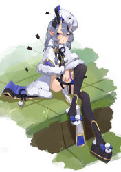 Rule 34 | 1girl, absurdres, arrow (projectile), black thighhighs, capelet, eyeshadow, female focus, full body, fur-trimmed capelet, fur hat, fur trim, geta, grey hair, hair between eyes, hat, highres, horns, impaled, japanese clothes, long hair, long sleeves, looking back, makeup, mole, mole under mouth, nijisanji, no panties, oni, open mouth, pelvic curtain, platform clogs, platform footwear, pointy ears, pom pom (clothes), purple eyes, rindou mikoto, rope, shimenawa, sitting, skin-covered horns, sleeves past wrists, solo, super h2o, tabi, thick eyebrows, thigh strap, thighhighs, ushanka, virtual youtuber, white capelet, white hat, wide sleeves