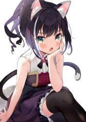 Rule 34 | 1girl, :o, animal ear fluff, animal ears, arm support, black dress, black hair, black thighhighs, blush, braid, cat ears, cat girl, cat tail, dress, fang, french braid, furrowed brow, green eyes, hair strand, hand on own cheek, hand on own face, highres, kanda done, karyl (princess connect!), knee up, long hair, looking at viewer, multicolored hair, open mouth, princess connect!, simple background, sitting, sleeveless, sleeveless dress, solo, streaked hair, tail, thighhighs, white background, white hair