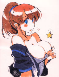 Rule 34 | 1girl, :d, bare shoulders, blue eyes, blush, breasts, brown hair, cleavage, flying sweatdrops, highres, intrepid (kancolle), kantai collection, kusanagi tonbo, looking at viewer, marker (medium), off shoulder, open mouth, ponytail, smile, solo, traditional media