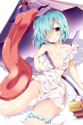 Rule 34 | 1girl, apron, arm support, bare arms, bare shoulders, bed sheet, blue hair, blue panties, blush, breasts, cleavage, collarbone, commentary request, feet out of frame, frilled apron, frills, geta, groin, hair over one eye, head tilt, highres, large breasts, looking at viewer, maturiuta sorato, naked apron, off shoulder, panties, panties around leg, parted lips, purple umbrella, red eyes, shadow, short hair, sidelocks, simple background, sitting, solo, tatara kogasa, thighs, tongue, tongue out, touhou, umbrella, underwear, white apron, white background