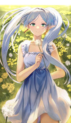 Rule 34 | 1girl, absurdres, bare arms, bare shoulders, closed mouth, collarbone, commentary request, day, dress, earrings, elf, field, flower, flower field, frieren, frilled dress, frills, green eyes, grey hair, highres, holding, holding flower, jewelry, long hair, looking at viewer, mosta (lo1777789), outdoors, parted bangs, pointy ears, sleeveless, sleeveless dress, smile, solo, sousou no frieren, standing, thick eyebrows, twintails, very long hair, white dress, white flower, yellow flower
