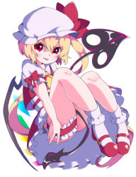 Rule 34 | 1girl, blonde hair, bow, eyebrows hidden by hair, fang, flandre scarlet, full body, hat, laevatein (touhou), looking at viewer, mary janes, mob cap, puffy sleeves, red eyes, red footwear, shoes, short sleeves, side ponytail, simple background, skirt, smile, socks, solo, tongue, tongue out, touhou, user kcgn3755, white background, white socks, wings