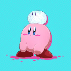 Rule 34 | :o, blue background, blue eyes, blush, blush stickers, chiimako, closed mouth, commentary request, diagonal stripes, expressionless, full body, kirby, kirby: star allies, kirby (series), nintendo, no humans, on head, simple background, striped, striped background, void soul, void termina